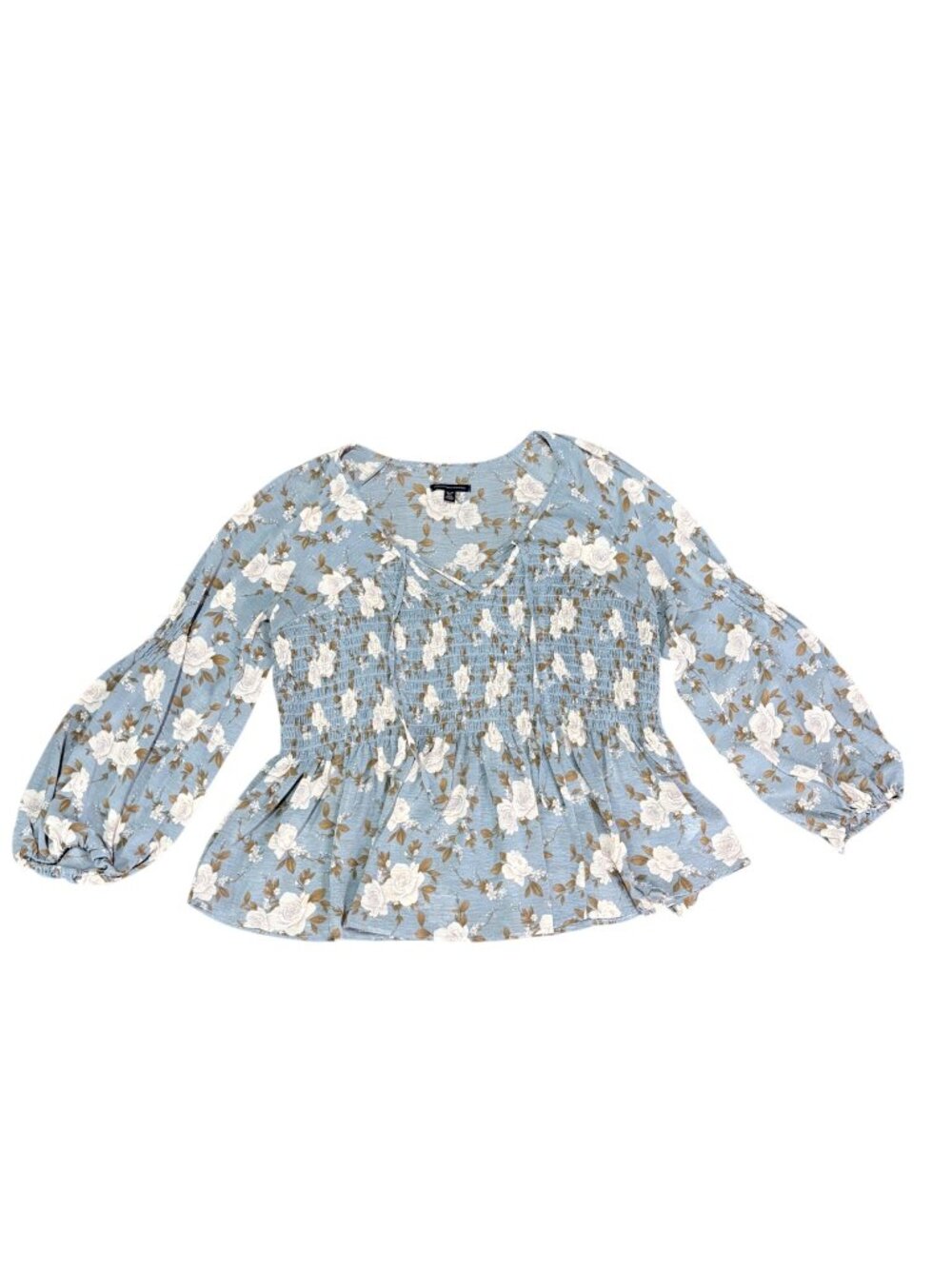 American Eagle Womens XL Blue Floral Smocked Long Sleeve Peasant Top